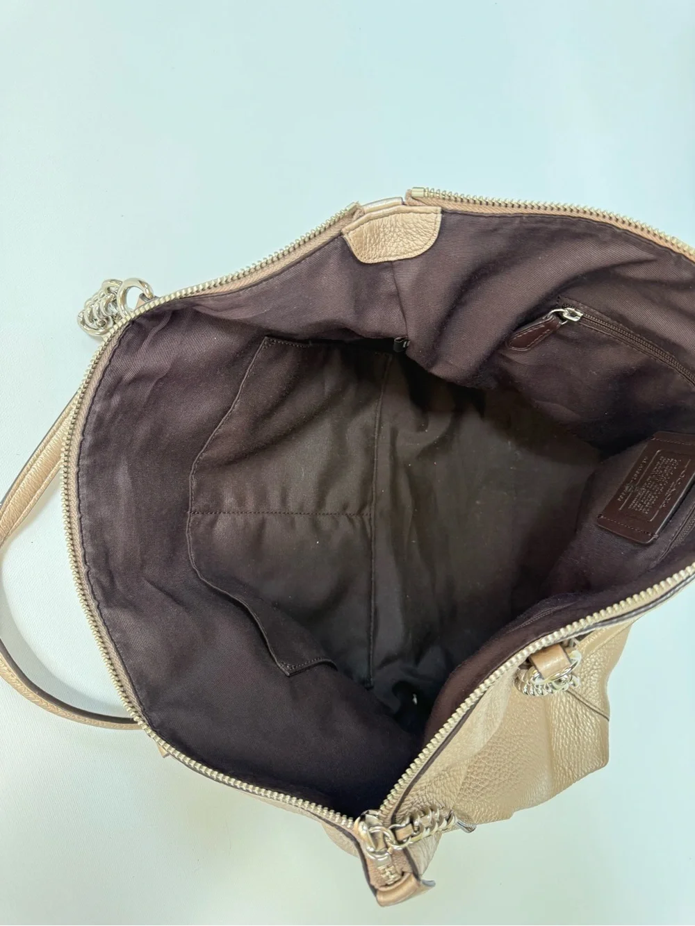 Coach Pebbled Leather Shoulder Tote in iridescent Taupe
